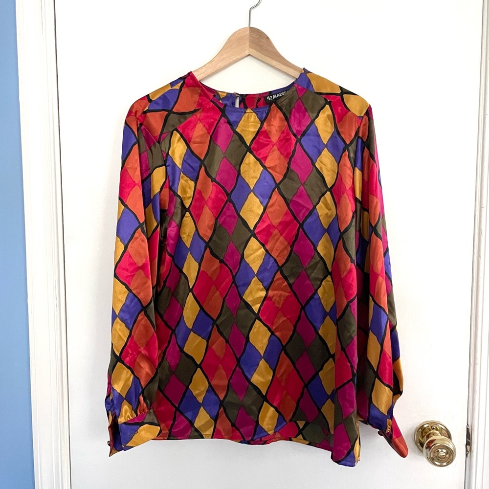 Vintage 80s Harlequin Diamond Disco Multicolor Blouse